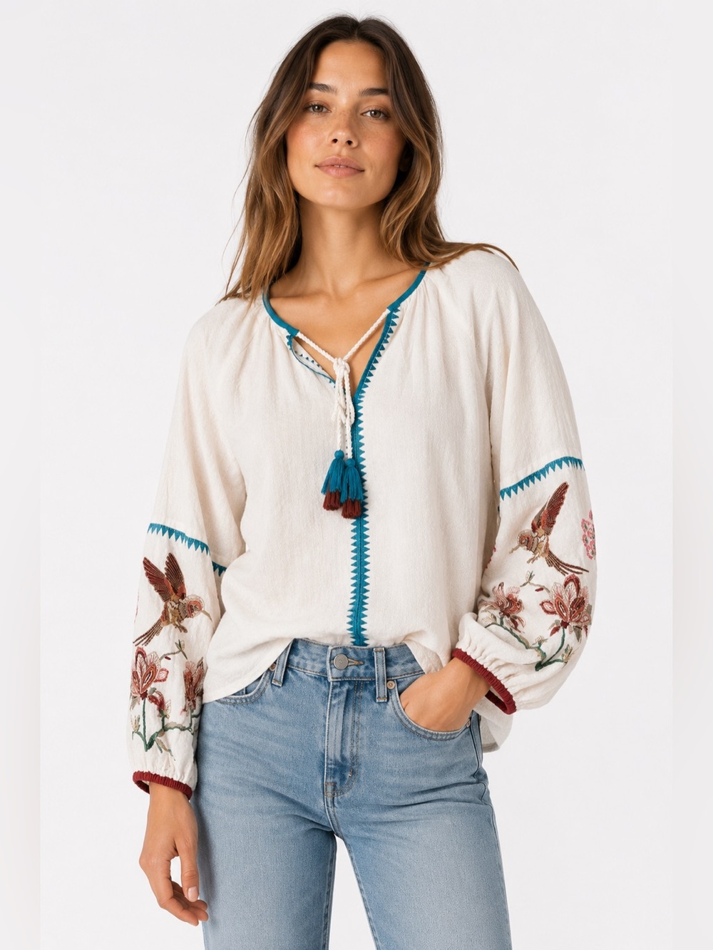 Sundance Hummingbird Floral Embroidered Boho Top Tassels